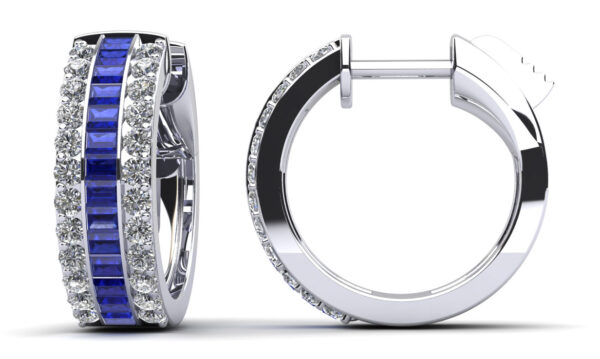 Three Rows Gems Baguette and Diamond Round Huggie Hoops